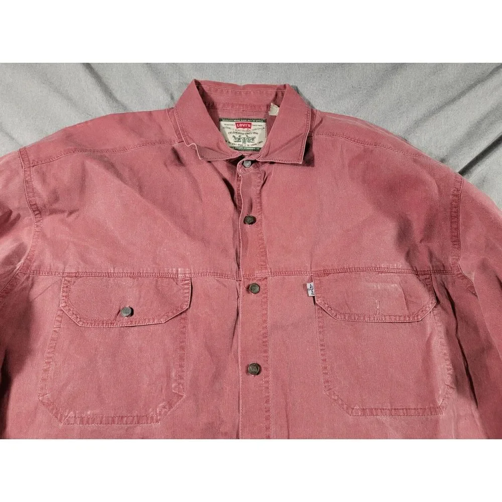 VTG 90s Levis Metal Button Front Long Sleeve Faded Red White Tab Shirt XL